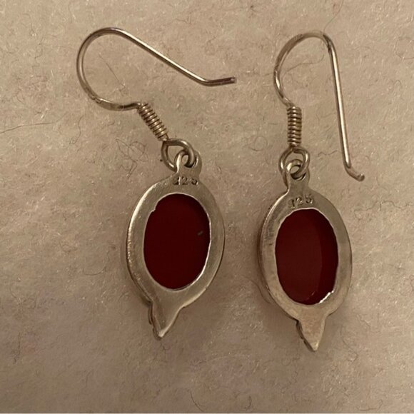 EARRINGS STERLING SILVER 925 CARNELIAN OVAL RED STONE FRENCH WIRES DROP PIERCED - Picture 7 of 7